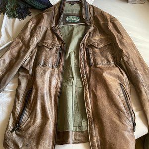 Brown sheepskin leather moto collarless leather jacket